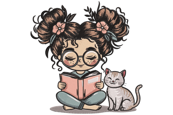 Reading Girl with Cat Embroidery Design